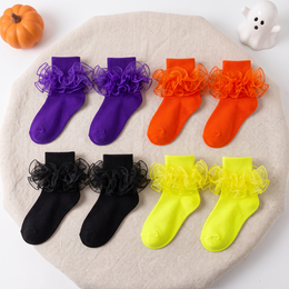 Girls & Teens Organza Ruffle Socks, 4 Pairs - Purple, Orange, Black, Neon Yellow, 4 pairs, Halloween variant product photo