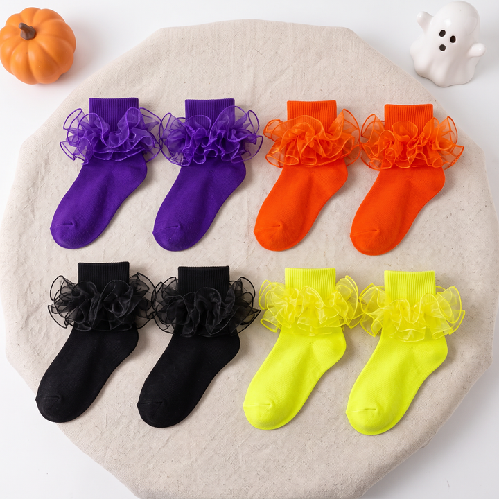 Girls & Teens Organza Ruffle Socks, 4 Pairs - Purple, Orange, Black, Neon Yellow, 4 pairs, Halloween variant product photo