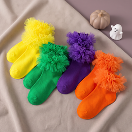 Girls Tulle Ruffle Socks, 2 & 4 Pairs - Neon Yellow, Emerald Green, Purple, Orange, 4 pairs, Halloween variant product photo