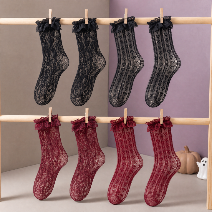 Women's Halloween Lace Ruffle Socks, 4 Pairs - Black, Burgundy, 4 pairs, Halloween variant product photo