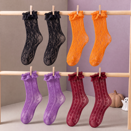 Women's Halloween Lace Ruffle Socks, 4 Pairs - Black, Orange, Purple, Red, 4 pairs, Halloween variant product photo