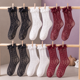 Women's Floral Lace Ruffle Socks, 6 Pairs - Black, White, Burgundy, 6 pairs, Halloween variant product photo