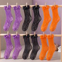 Women's Floral Lace Ruffle Socks, 6 Pairs - Orange, Black, Purple, 6 pairs, Halloween variant product photo