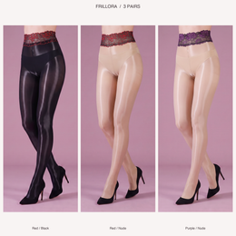 FRILLORA SW109 3 pair hosiery set, red waist black, red waist nude and purple waist nude