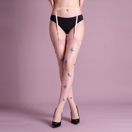 Women's Glossy Thigh-High and Garter Stockings with Butterfly Print, product photograph
