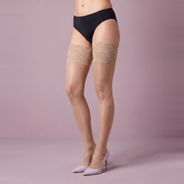 Women's Sheer Thigh-High Stockings, Floral Lace Top, product photograph