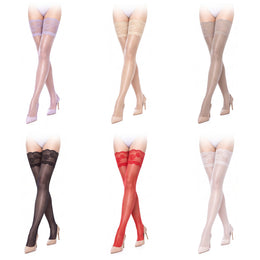 Women's Sheer Thigh-High Stockings, Floral Lace Top - 6 pairs: Light Purple, Nude, Coffee, Black, Red, White, one pair per color