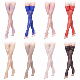 Transparente Damenstrümpfe bis zum Oberschenkel mit floralem Spitzenabschluss – 8 Paar: Helllila, Blau, Rosa, Rot, Nude, Braun, Weiß, Schwarz, je ein Paar pro Farbe