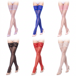 Transparente Damenstrümpfe bis zum Oberschenkel mit floralem Spitzenabschluss – 6 Paar: Helllila, Blau, Rosa, Schwarz, Rot, Weiß, je ein Paar pro Farbe
