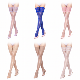 Transparente Damenstrümpfe bis zum Oberschenkel mit floralem Spitzenabschluss – 6 Paar: Helllila, Blau, Rosa, Nude, Braun, Weiß, je ein Paar pro Farbe
