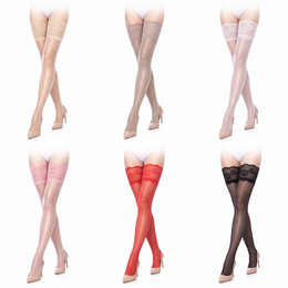 Transparente Damenstrümpfe bis zum Oberschenkel mit floralem Spitzenabschluss – 6 Paar: Nude, Kaffee, Weiß, Rosa, Rot, Schwarz, je ein Paar pro Farbe