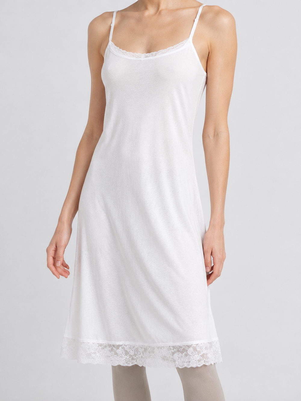 Adjustable Strap Silk Knit Lace Slip in White
