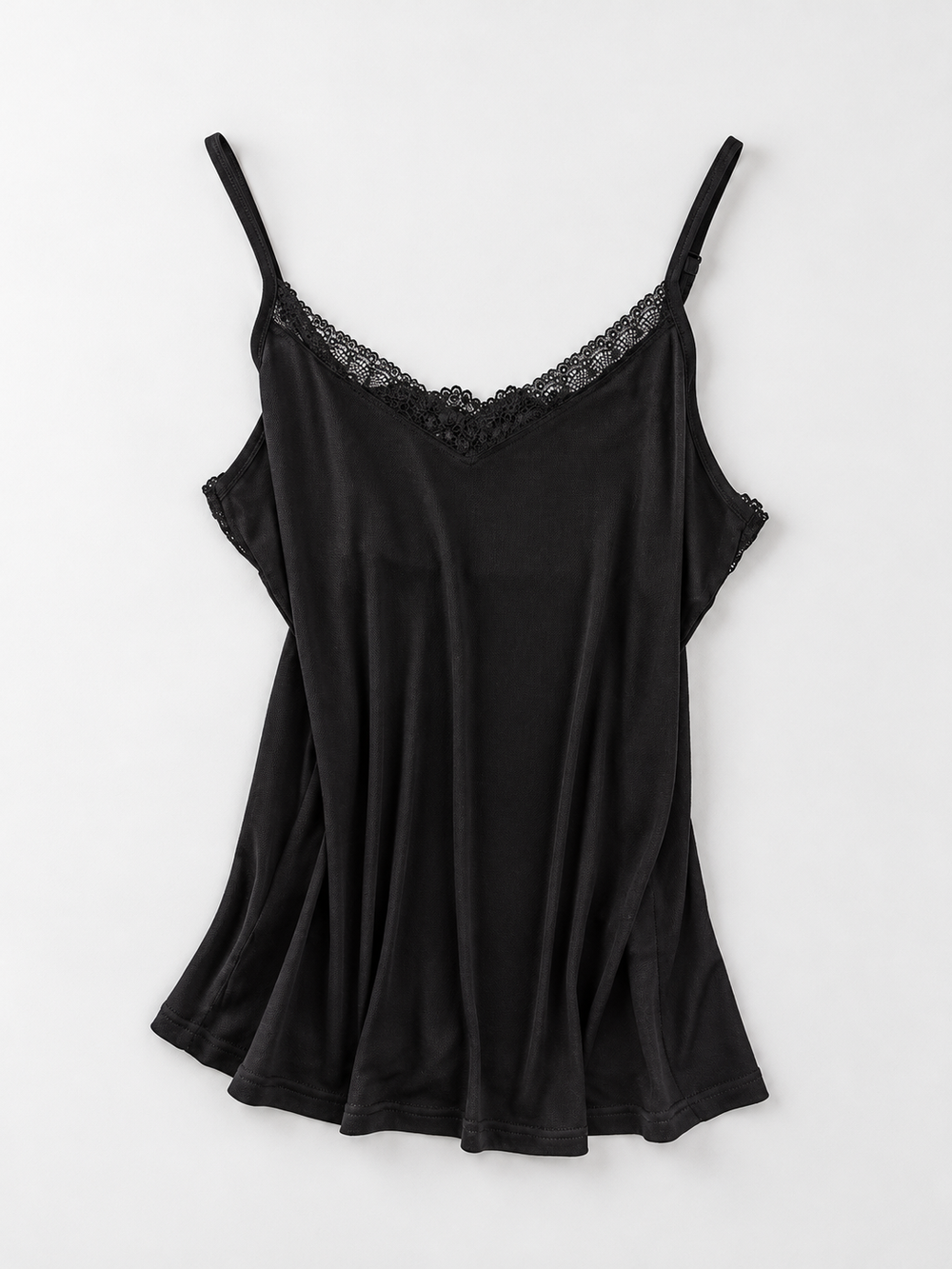 Adjustable Strap V Neck Silk Lace Camisole in Black