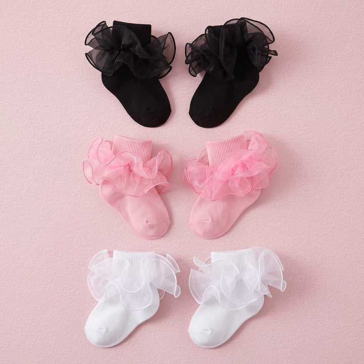 FRILLORA Baby Girl Ruffle Socks with 2-Layer Lace Turn-Cuff - Pink, White, Black - 3 Pairs