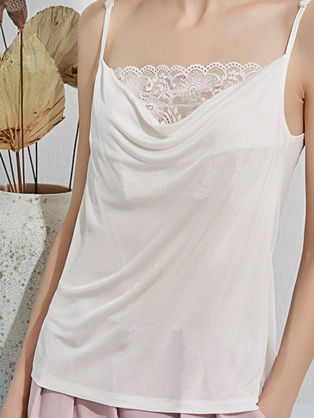Cowl Neck Silk Viscose Lace Camisole in White