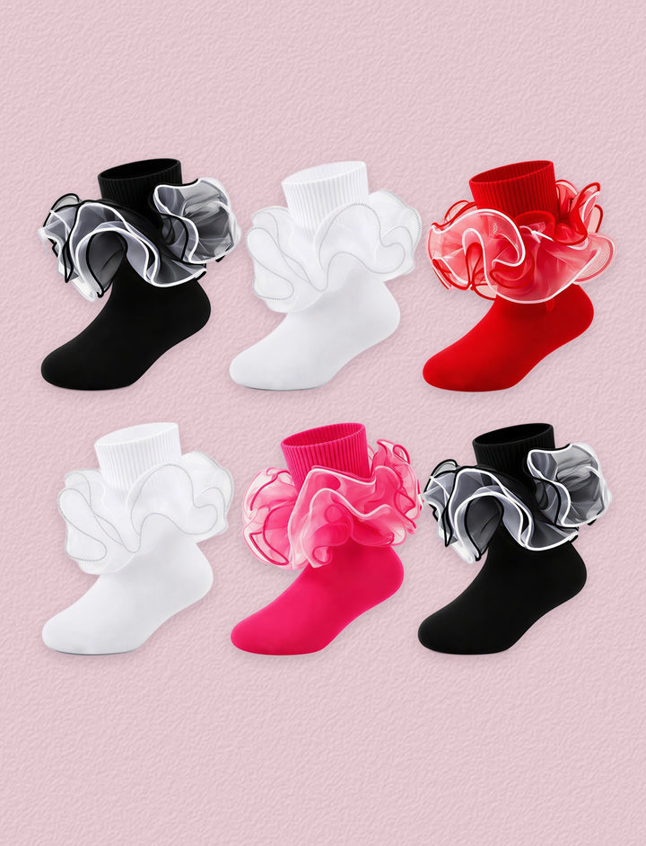 FRILLORA Girls 4-Layer Ruffle Turn-Cuff Dress Socks, 6 Pairs - Black, White, Red, Hot Pink - 6 Pairs