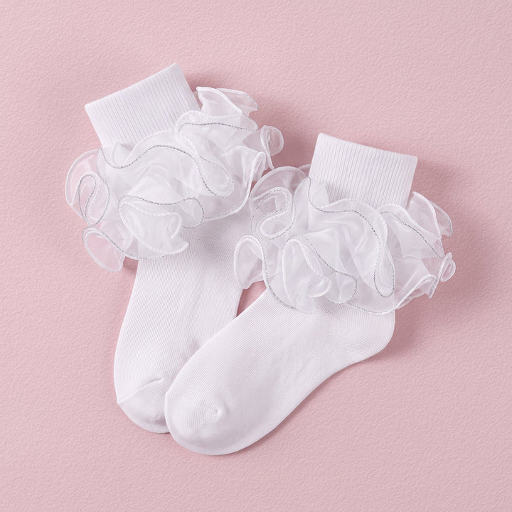 FRILLORA Girls Fancy 4-Layer Ruffle Pageant Socks - White - 1 Pair