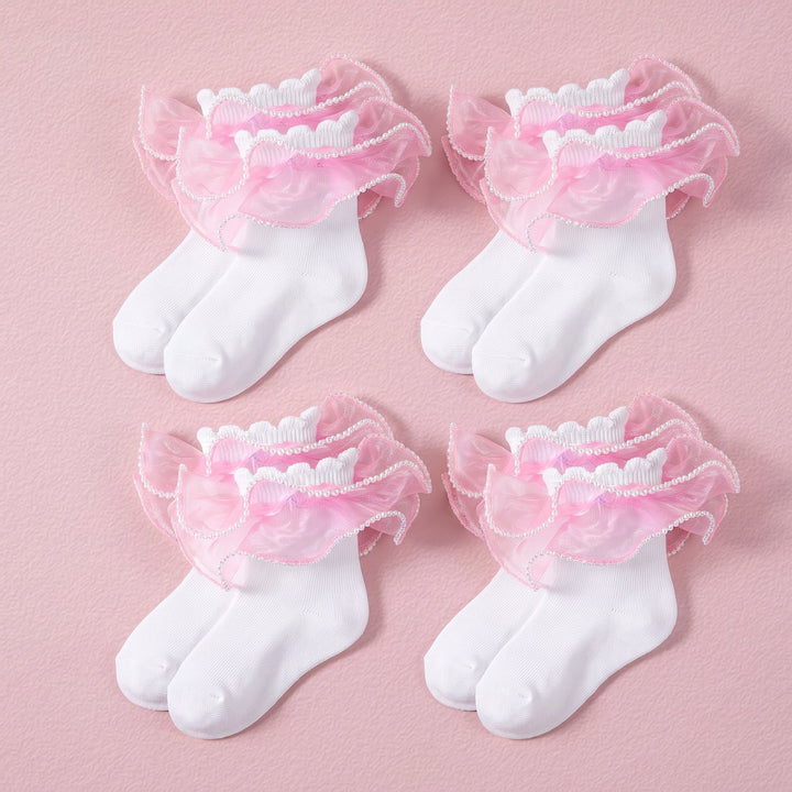 FRILLORA Girls Pearl Lace Ruffle Dress Socks - Pink - 4 Pairs