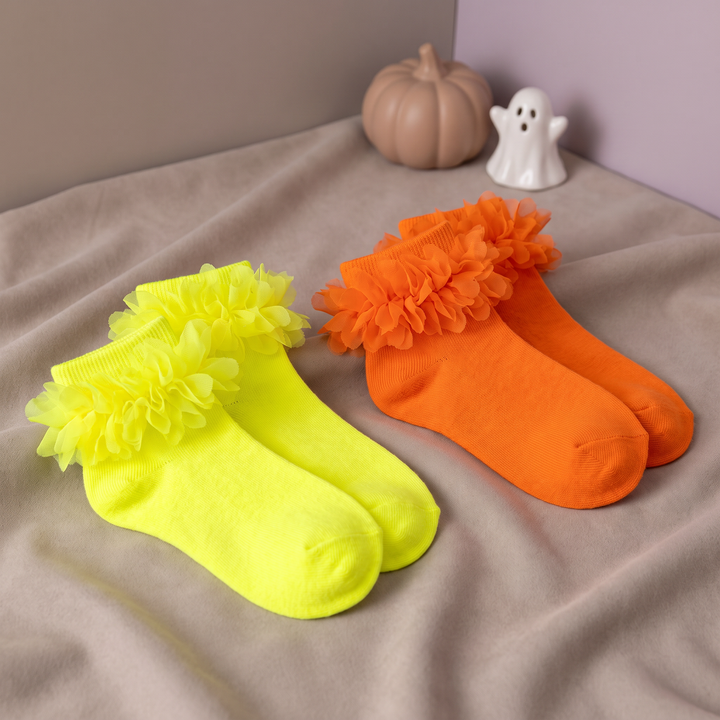 Girls Tulle Ruffle Socks, 2 & 4 Pairs - Neon Yellow, Orange, 2 pairs, Halloween variant product photo