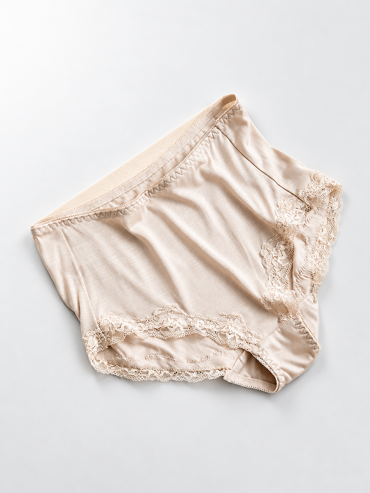 High Rise Silk Briefs with Scalloped Lace in Nude