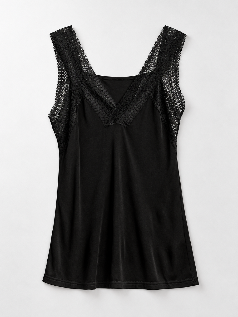 Lace Front V Neck Silk Knit Tank in Black