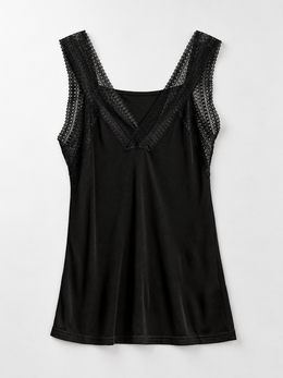 Lace Front V Neck Silk Knit Tank in Black