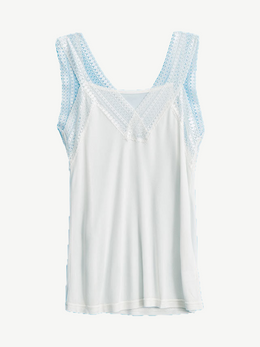 Lace Front V Neck Silk Knit Tank in White