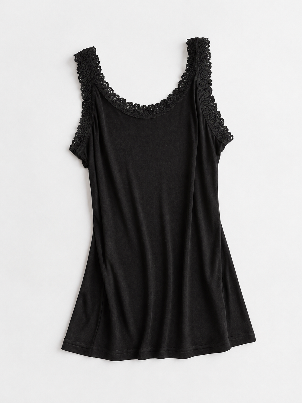 Lace Shoulder V Neck Silk Knit Tank in Black