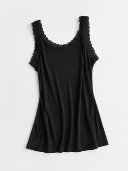Lace Shoulder V Neck Silk Knit Tank in Black