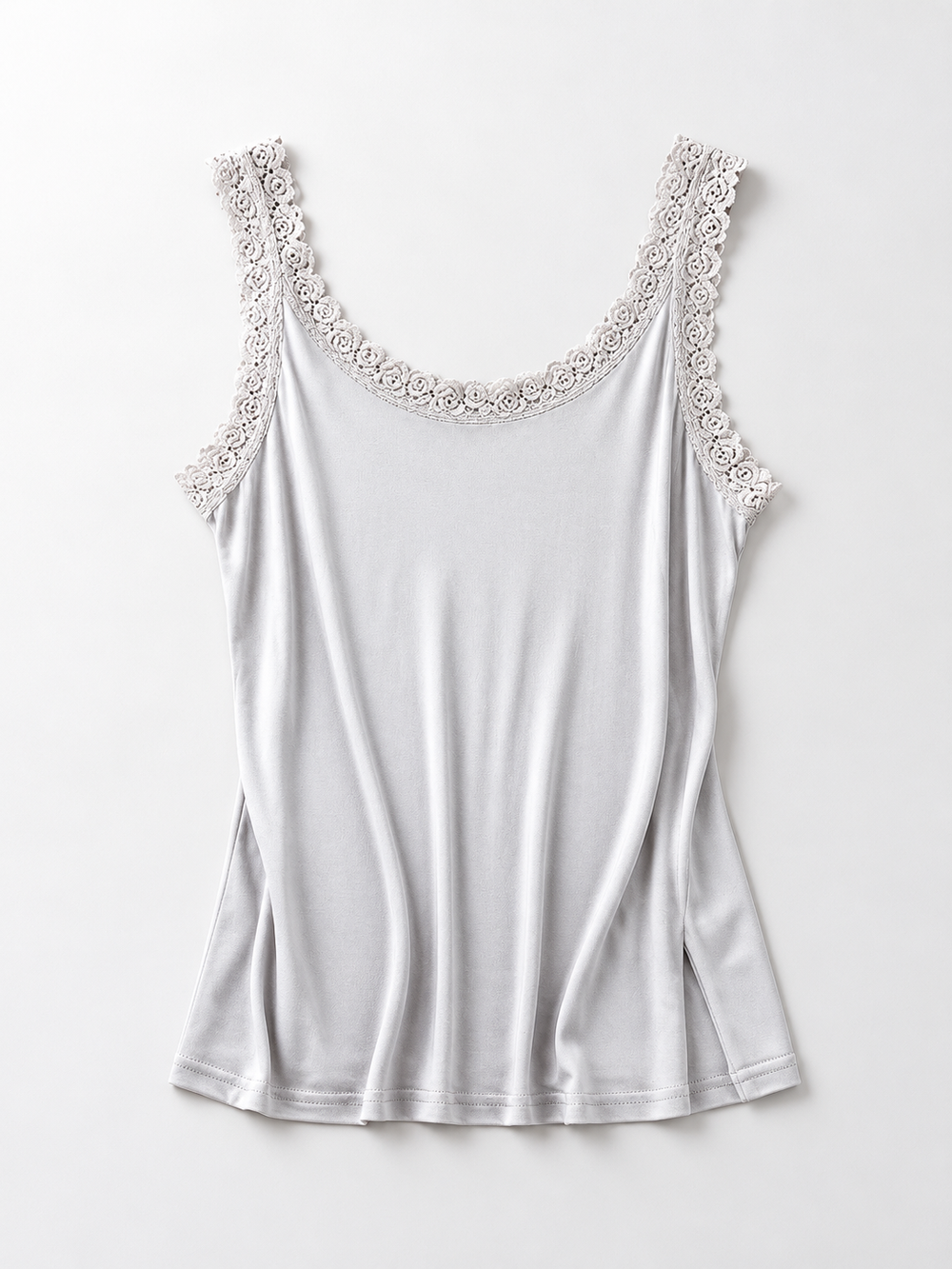 Lace Shoulder V Neck Silk Knit Tank in Gray