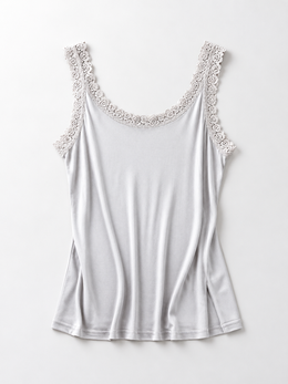 Lace Shoulder V Neck Silk Knit Tank in Gray