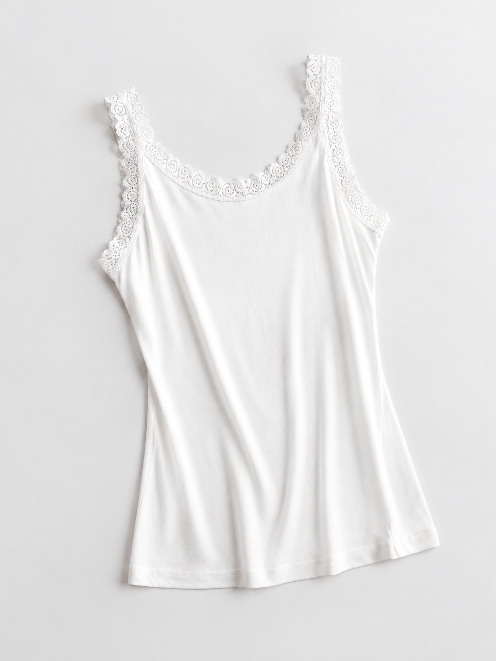 Lace Shoulder V Neck Silk Knit Tank in White