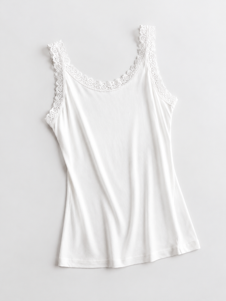 Lace Shoulder V Neck Silk Knit Tank in White