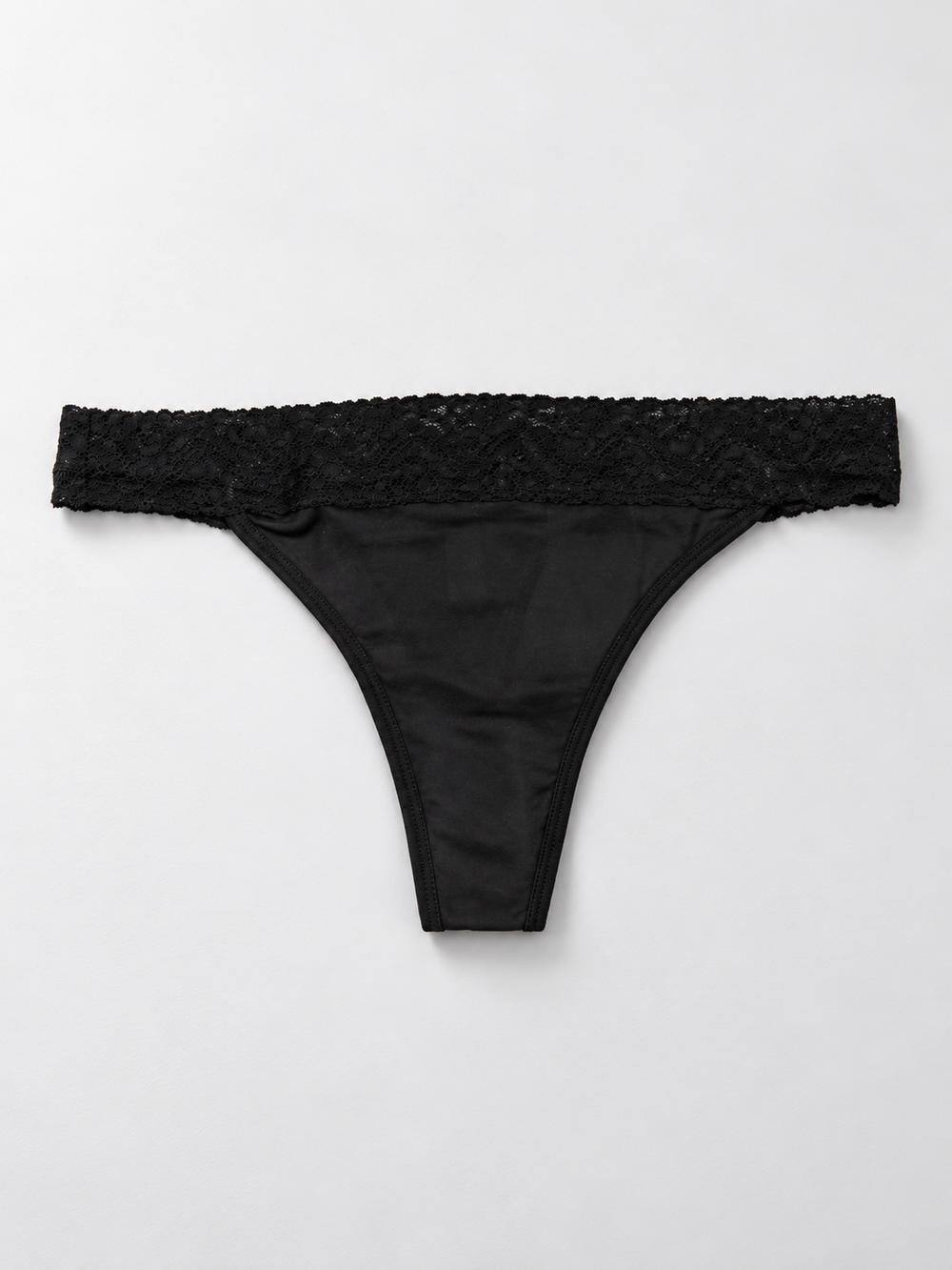 Low Rise Lace Trim Silk Thong in Black