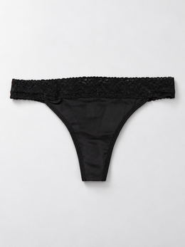 Low Rise Lace Trim Silk Thong in Black