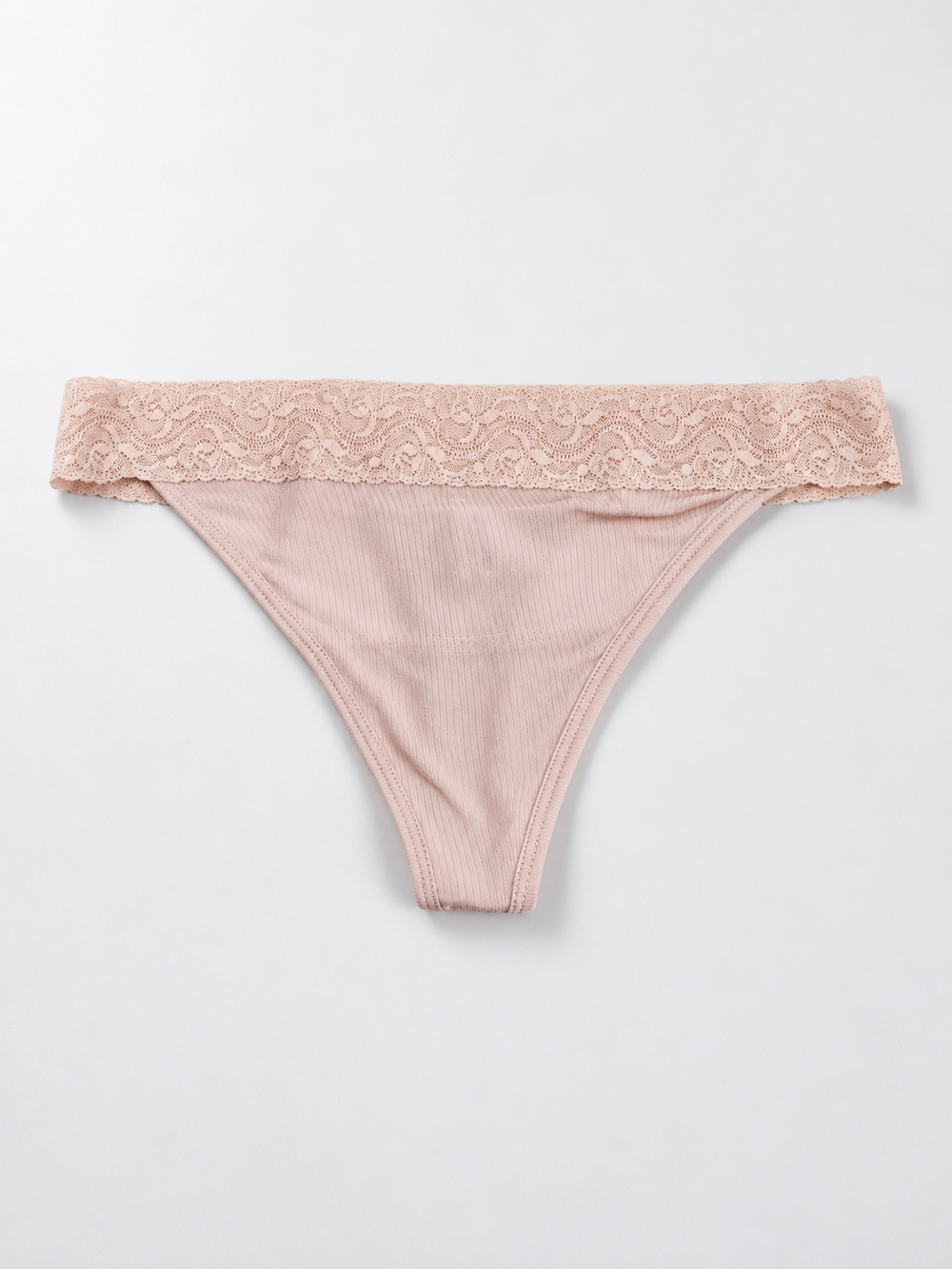 Low Rise Lace Trim Silk Thong in Nude