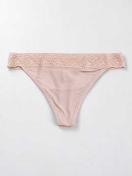Low Rise Lace Trim Silk Thong in Nude
