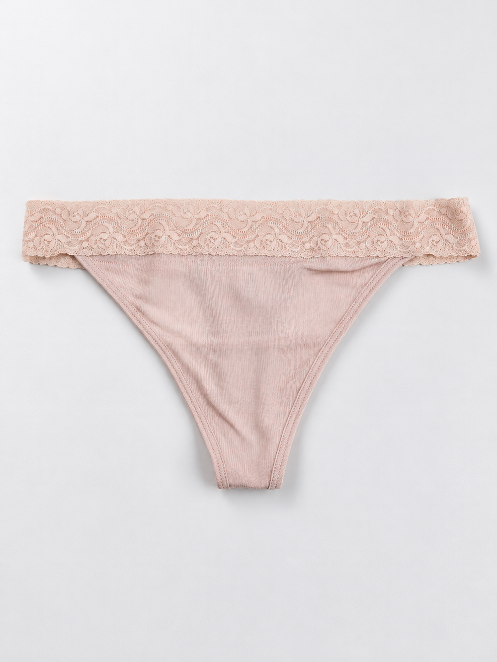 Low Rise Lace Trim Silk Thong in Nude