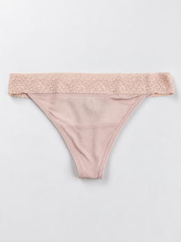 Low Rise Lace Trim Silk Thong in Nude