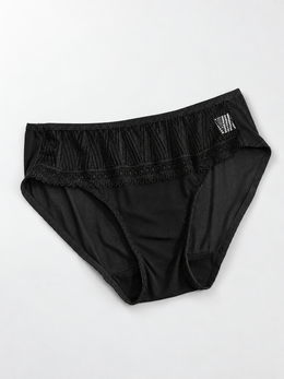 Low Rise Silk Briefs with Geometric Lace in Black