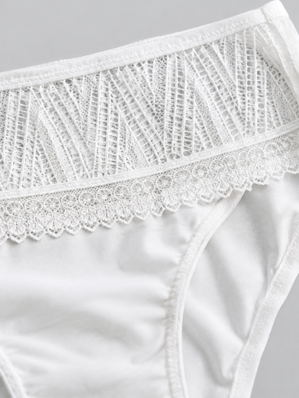 Low Rise Silk Briefs with Geometric Lace in White