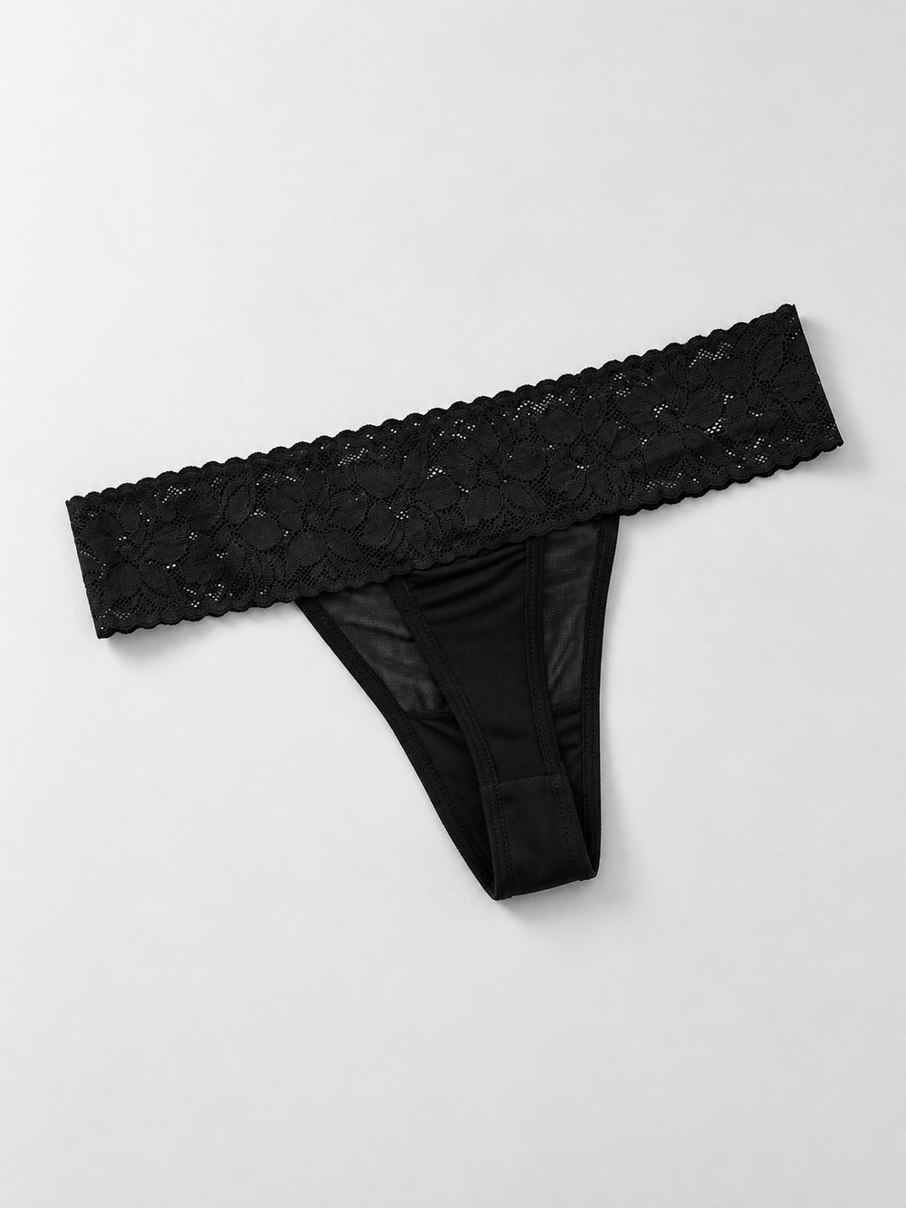 Low Rise Silk Lace Thong in Black