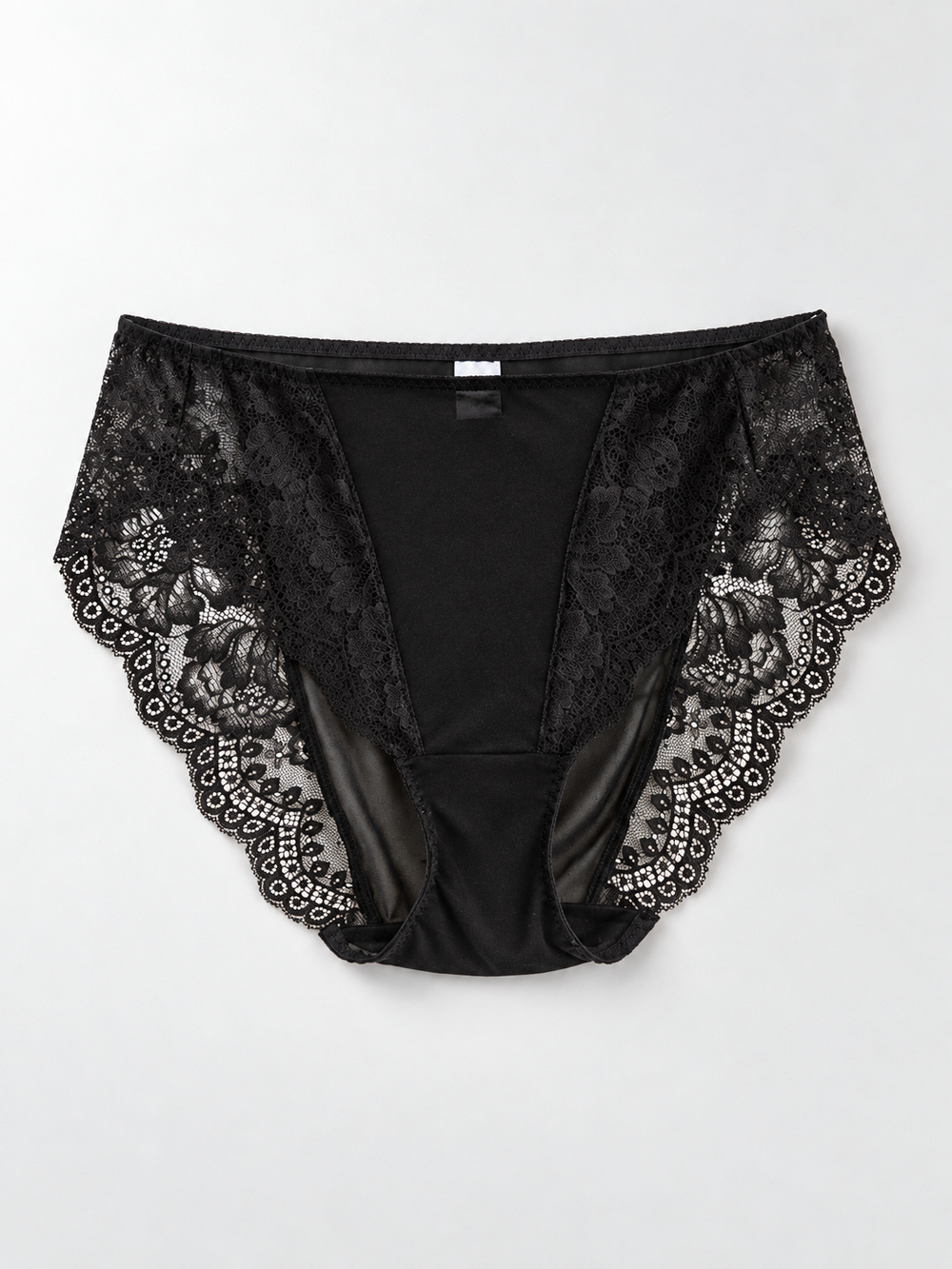 Mid Rise Silk Briefs with Lace Panels in Black