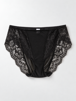 Mid Rise Silk Briefs with Lace Panels in Black