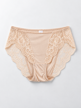 Mid Rise Silk Briefs with Lace Panels in Nude