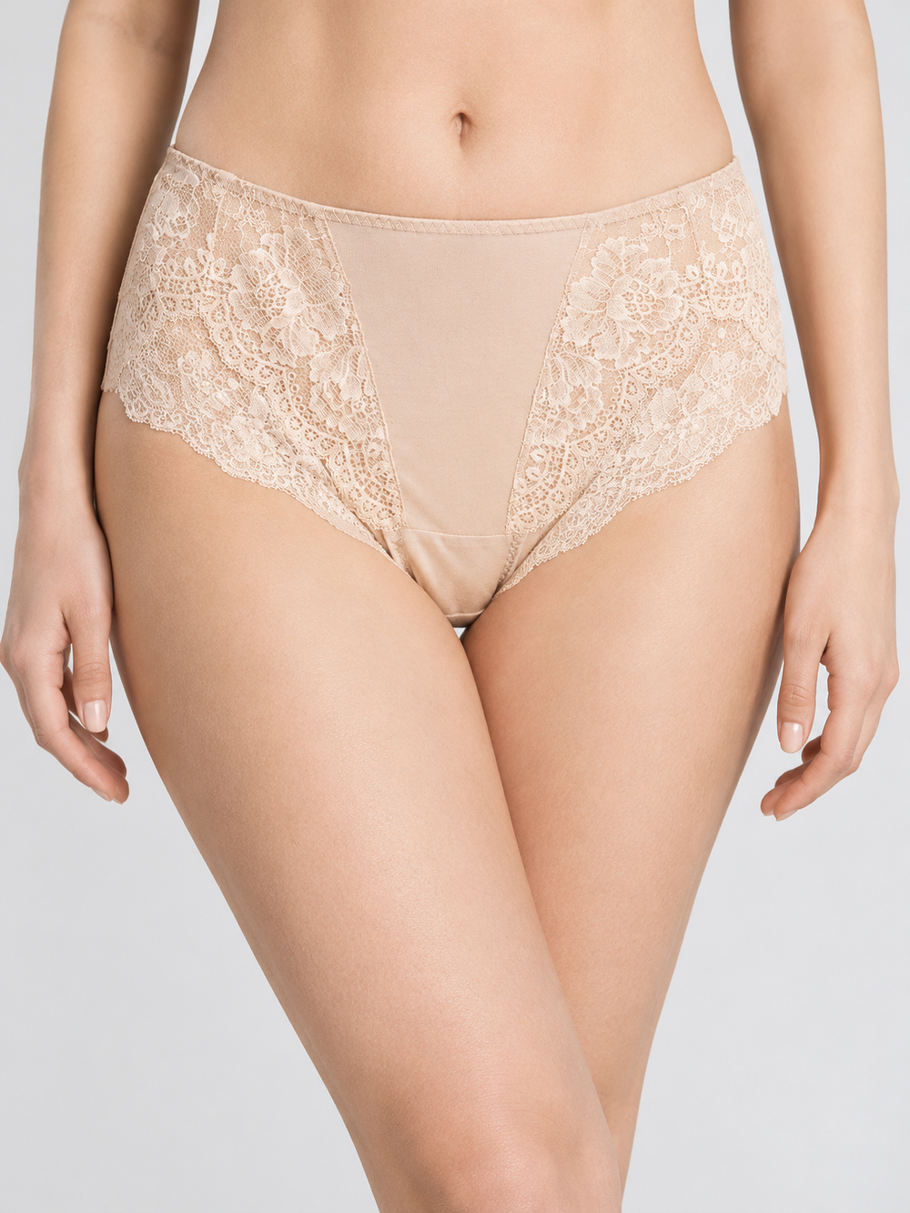 Mid Rise Silk Briefs with Lace Panels in Nude