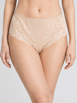Mid Rise Silk Briefs with Lace Panels in Nude