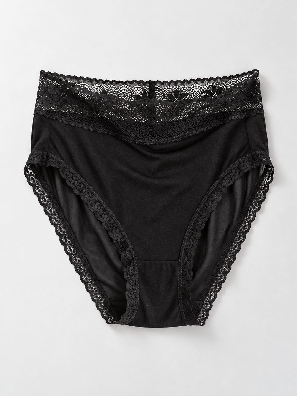 Mid Rise Silk Briefs with Lace Waistband in Black
