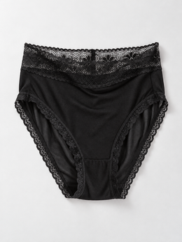 Mid Rise Silk Briefs with Lace Waistband in Black