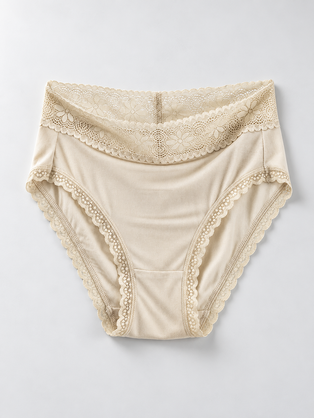Mid Rise Silk Briefs with Lace Waistband in Nude